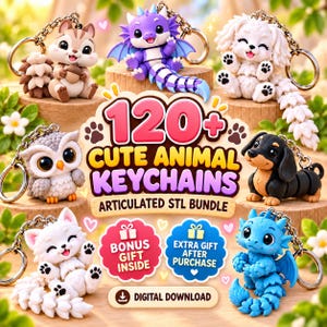 Op de afbeelding: Een digitaal downloadpakket met 120+ gearticuleerde dierensleutelhangers, waaronder een eekhoorn, paarse draak, witte hond, uil, teckel, witte kat en blauwe draak, met de tekst 120+ CUTE ANIMAL KEYCHAINS.