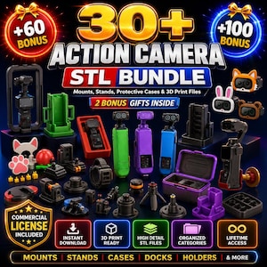 以下が含まれることがあります： アクションカメラ用STLバンドルファイル30種類以上のデジタルコレクション。各種マウント、スタンド、保護ケース、ドックが含まれています。画像には、緑、紫、青の動物をモチーフにしたカバーなど、カラフルな3Dプリントアクセサリーが表示されています。