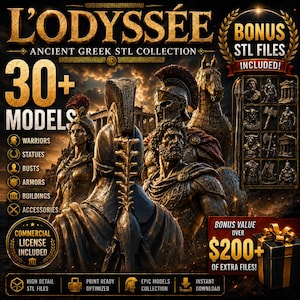 30+ Odysséen STL-paket | Antika grekiska krigare, statyer, byster, rustningar, tempel och 3D-utskriftsfiler från grekisk mytologi