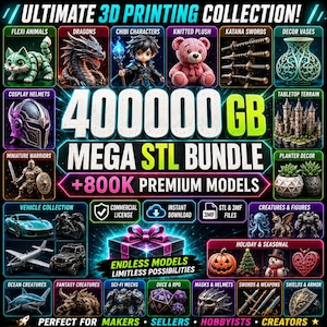 Puede incluir: Un gráfico promocional digital para un paquete de 400,000 GB de archivos STL con 800,000 modelos 3D premium. La imagen muestra varias categorías que incluyen animales articulados, dragones, figuras chibi, peluches, espadas, jarrones, cascos y vehículos.