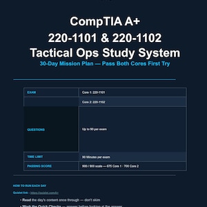 May include: A dark blue study guide titled "CompTIA A+ 220-1101 & 220-1102 Tactical Ops Study System." The guide includes exam details, question counts, time limits, and passing scores. It also provides instructions on how to use the guide.