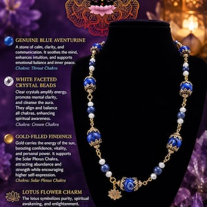 May include: A necklace featuring blue aventurine beads, white faceted crystal beads, and gold-filled findings. The necklace includes a lotus flower charm and is displayed on a black stand. Text on the image reads Chakra Within.