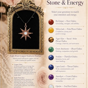 May include: An eight-point copper starburst pendant with a luminous opalite stone on a black cord. The text reads Choose Your Stone & Energy, Eight-Point Copper Starburst Pendant, and lists gemstones including Red Jasper, Yellow Jade, Tiger's Eye, Green Aventurine, Sodalite, Lapis Lazuli, Amethyst, and Opalite.
