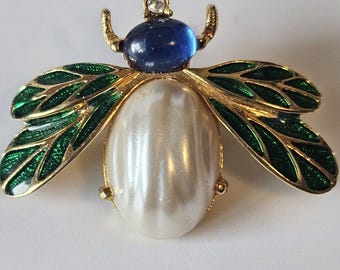 Vintage MFA  Gold Tone Enamel Bee Brooch Gripoix Style Glass Cabochon Faux Pearl