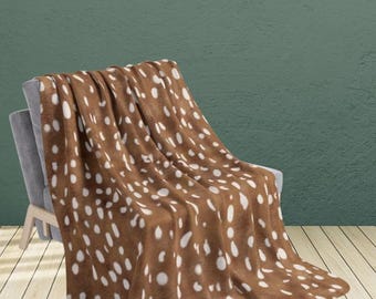 Coperta Sherpa con stampa di cervi, tema bosco, rustico, accogliente, accessorio per cabina, regalo invernale, idea per l'inaugurazione della casa, nuovo oggetto di arredamento, morbido peluche color cerbiatto