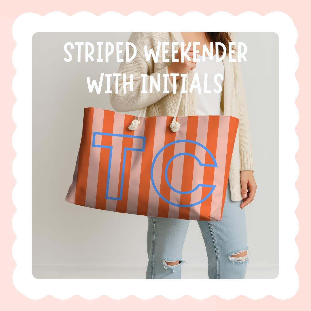 Personalized Shoulder Bag Weekend Women Travel Striped Tote Orange Canvas Carryall Overnight Trip Gym Luggage Custom Initial Monogram Gift