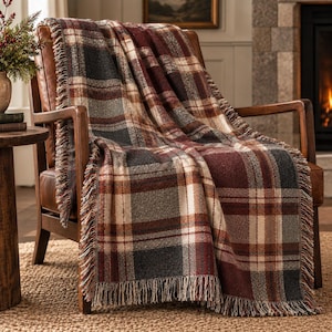 Burgundy Plaid Throw Blanket, Woven Tartan Blanket, Charcoal Plaid Throw, English Country Decor, Traditional Cabin Blanket