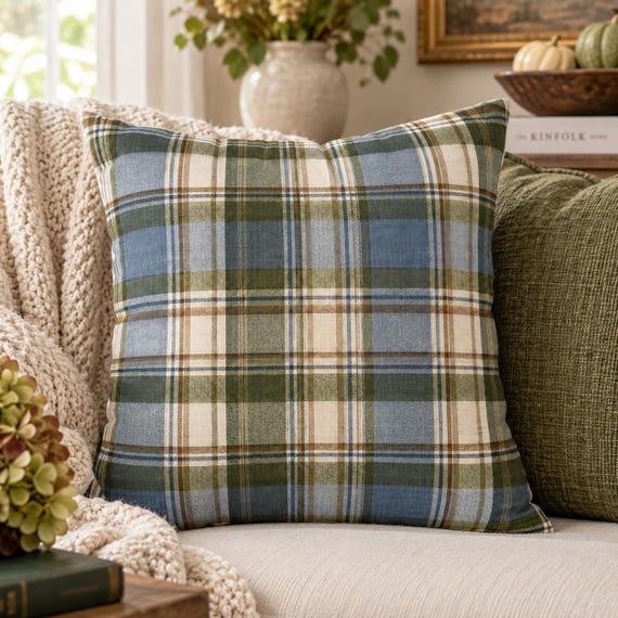 Tartan Pillow Cover, Blue Green Plaid Throw Pillow, Olive Fall Pillow Cover, English Cottage Decor, Grandmillennial Autumn Decor