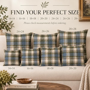 Harvest Tartan pillow cover size guide showing seven square pillow sizes from 14x14 to 28x28 in matching dusty blue, olive green, cream and brown plaid.