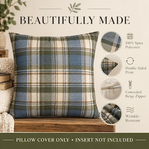 Harvest Tartan pillow cover product details showing blue, olive, cream and brown plaid with 100% spun polyester fabric, double-sided print, concealed beige zipper and wrinkle-resistant construction.