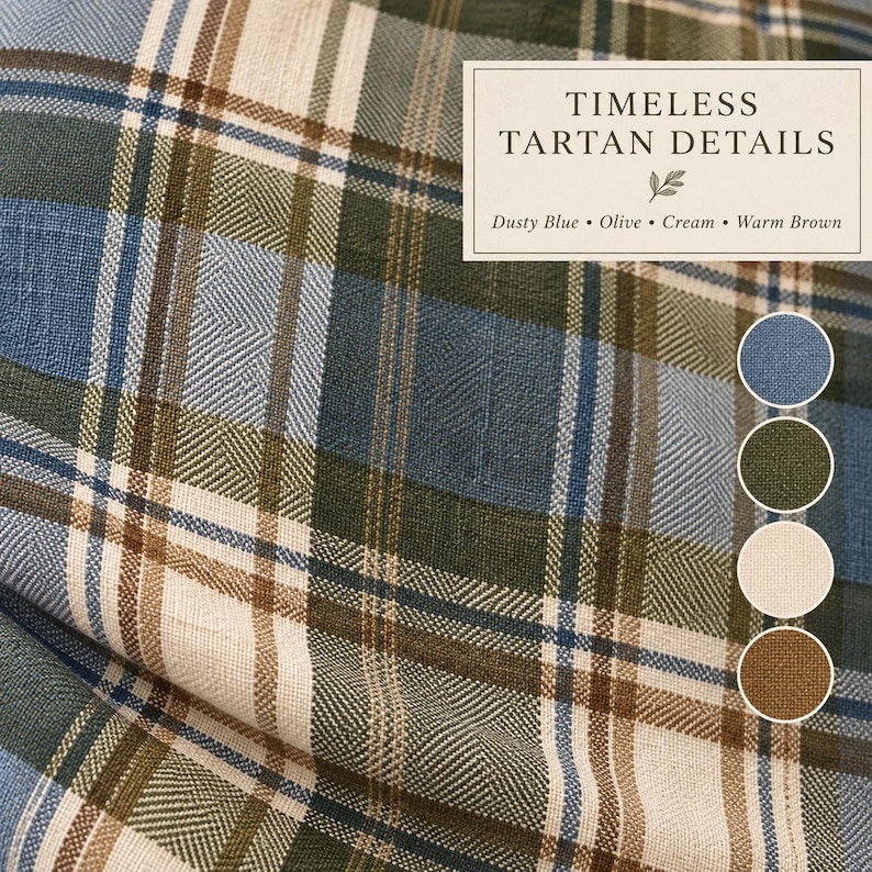 Close-up of blue and olive tartan pillow fabric showing dusty blue, olive green, cream and warm brown plaid with detailed woven texture.