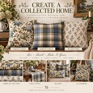 Blue and olive coordinated home decor collection featuring Harvest Garden floral pumpkin, Harvest Tartan plaid, and Meadow Sprig botanical patterns shown on pillows, fabric, table linens, and accessories in a cozy English cottage setting.