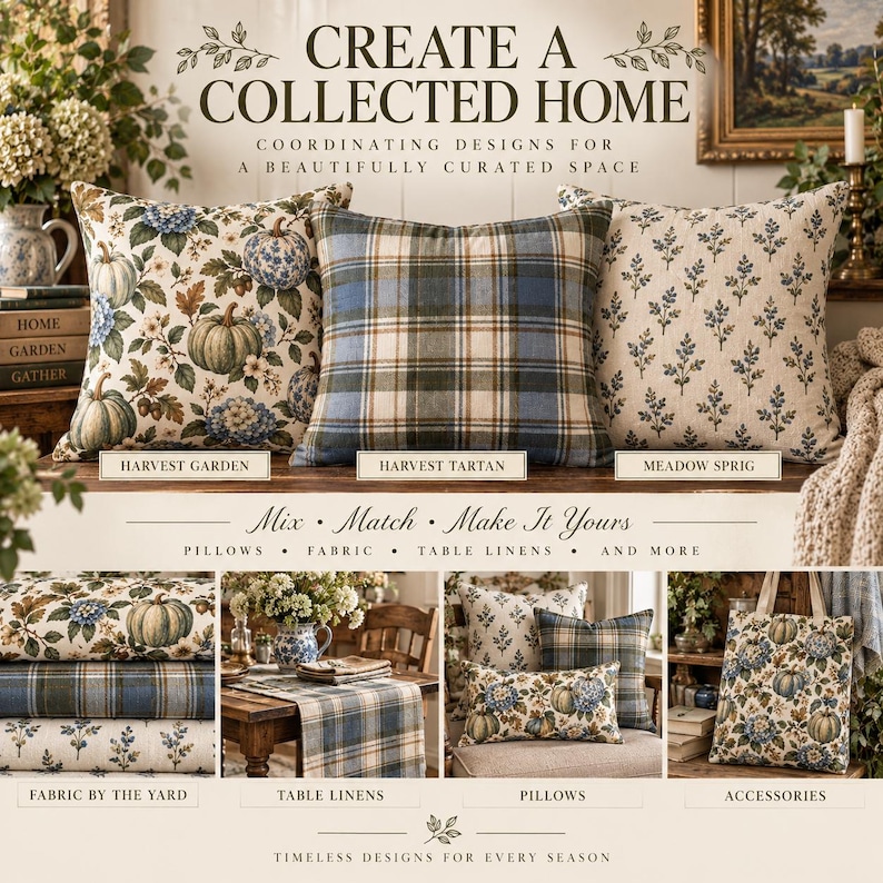 Blue and olive coordinated home decor collection featuring Harvest Garden floral pumpkin, Harvest Tartan plaid, and Meadow Sprig botanical patterns shown on pillows, fabric, table linens, and accessories in a cozy English cottage setting.