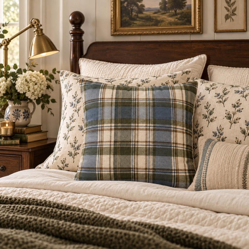 Blue and olive tartan pillow cover styled on a cream cottage bed with coordinating blue floral sprig pillows, dark wood headboard, antique brass lamp, vintage books, and cozy olive throw.
