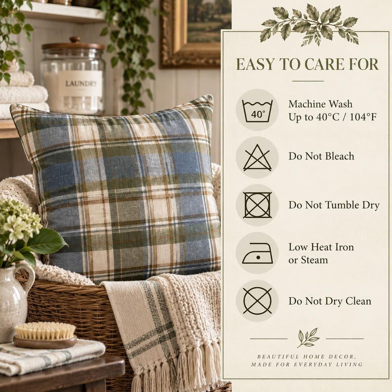 Blue and olive tartan pillow cover displayed in a cozy cottage laundry setting beside care instructions for machine washing, no bleach, no tumble drying, low heat ironing or steaming, and no dry cleaning.