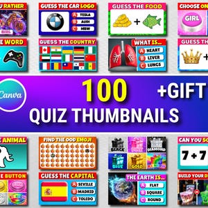 Puede incluir: Una colección digital de 100 miniaturas de cuestionarios con varios desafíos interactivos como Guess the Car Logo, Guess the Food, Guess the Word, Guess the Country, What Is, Guess the Movie, Guess the Animal, Find the Odd Emoji y Can You Solve This, junto con un logo de Canva y el texto 100 +GIFT QUIZ THUMBNAILS.
