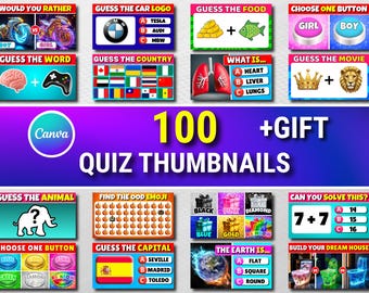 100 YouTube Quiz Thumbnails | Canva Templates | Trivia Thumbnail Pack | Quiz Channel Design | 10 Niches Included | Instant Download