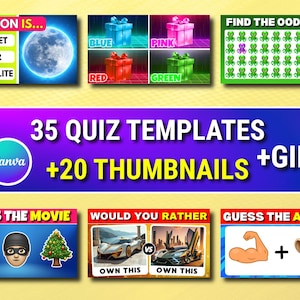 May include: A digital collection of 35 quiz templates and 20 thumbnails featuring various interactive graphics including a moon trivia question, colored gift boxes, emoji puzzles, movie guessing games, would you rather car choices, and animal icons.