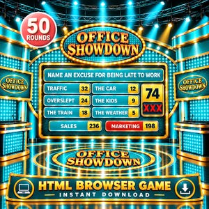 Puede incluir: Una interfaz de juego digital titulada Office Showdown que muestra un tablero con la pregunta Name an excuse for being late to work, enumerando respuestas como Traffic, Overslept y The Train con puntuaciones, y un banner de HTML browser game.