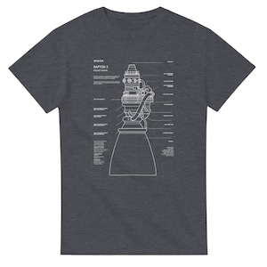 May include: Dark gray t-shirt featuring a detailed white schematic of a SpaceX Raptor-3 rocket engine. The design includes labeled components and technical details, perfect for space enthusiasts and engineers.