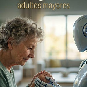 May include: An elderly person with curly gray hair wearing a green sweater holds hands with a smooth, white, humanoid robot. The text "Robot y afecto. adultos mayores" and "Next Idea | Marketing y Negocio Digital" is printed on the image.