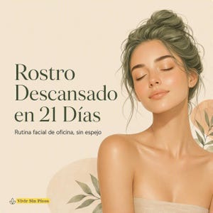 Op de afbeelding: Een digitale illustratie van een persoon met olijfkleurig haar in een rommelige knot, gesloten ogen en een serene uitdrukking. De tekst luidt: Rostro Descansado en 21 Días, Rutina facial de oficina, sin espejo en Vivir Sin Picos, met aquarel bladeren.