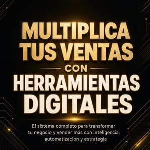 May include: A digital book cover with a black background and gold geometric lines. The text reads: GUÍA ESTRATÉGICA DE VENTAS DIGITALES, MULTIPLICA TUS VENTAS CON HERRAMIENTAS DIGITALES, El sistema completo para transformar tu negocio, EDICIÓN 2025.
