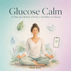 May include: A book cover titled Glucose Calm 21 Días para Reducir el Estrés y Estabilizar tu Glucosa featuring a watercolor illustration of a person meditating in a lotus position surrounded by icons of a leaf, water drop, wind, and a smartphone.