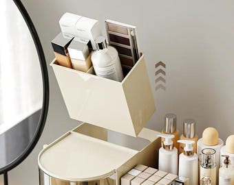Organizador de maquillaje giratorio con cajones, caja de almacenamiento de cosméticos, soporte para brochas de 360 grados, organizador de tocador, almacenamiento de productos para el cuidado de la piel, regalo para ella.