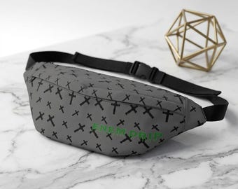 Cross Pattern Gray Fanny Pack | Small Crosses, Green Accent
