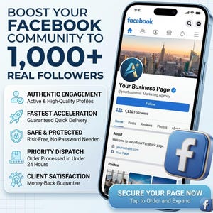 Puede incluir: Un teléfono inteligente muestra una página de Facebook que promociona el aumento de una comunidad de Facebook a más de 1.000 seguidores reales. La imagen destaca la participación auténtica y la entrega rápida garantizada, con el logotipo de Facebook.