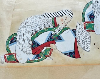 Grabado japonés antiguo del período Meiji: figuras con túnicas y abanicos. Pieza única y rara.