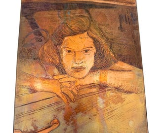 Plancha de impresión en cobre vintage con grabado en hueco, retrato de mujer en coche, arte de grabado 6x8