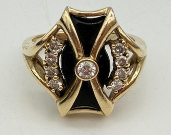 14K Gold Diamond Black Onyx Maltese Cross Ring – Italian Art Deco Cocktail Statement Piece