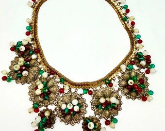 Collana vintage Miriam Haskell Gripoix Glass Festoon Princess Bib Floreale LEGGI