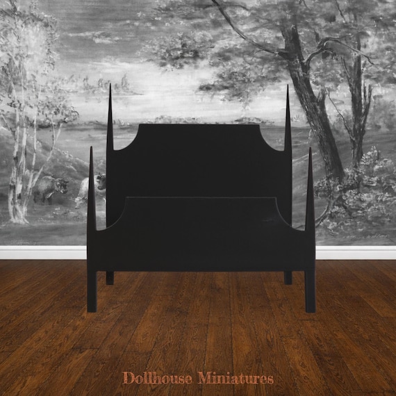 Dollhouse 1:12 Scale Miniature Spindle Bed, Dollhouse Bedroom Furniture Modern Transitional Farmhouse Four Poster Bed