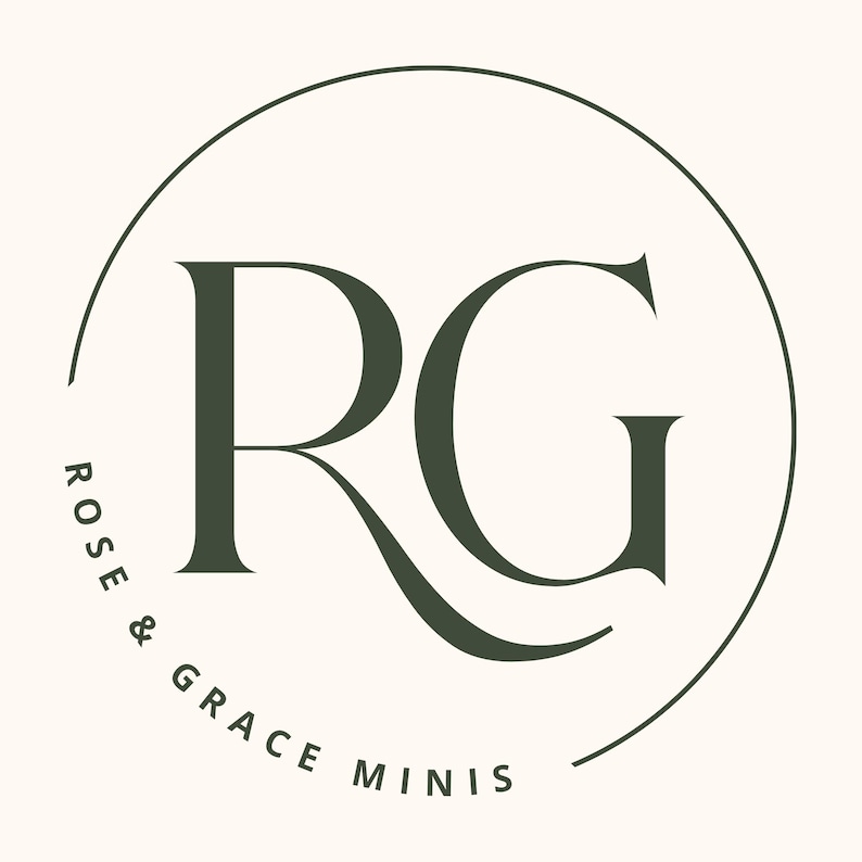 May include: A logo featuring the letters "RG" in a dark green serif font, enclosed within a circular frame. The words "ROSE & GRACE MINIS" are written in a smaller font around the circle.