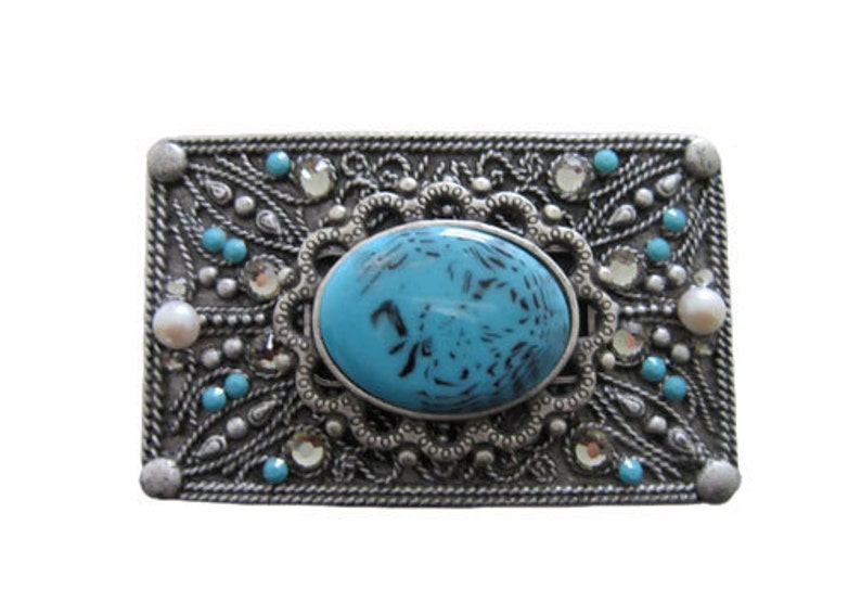 Antique Silver Rectangle Two Square Design Ornament Belt Buckle Available in Various Crystals and Ornaments Fits All 1.5 Wide Belts image 2
