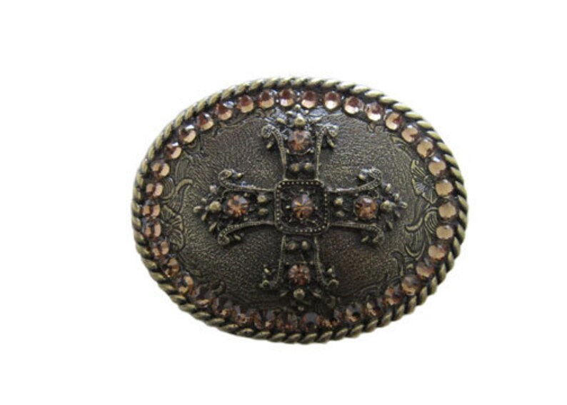 Antique Oval Cross Crystals Belt Buckle Available in Various Crystals Fits All 1.5 Wide Belts image 2