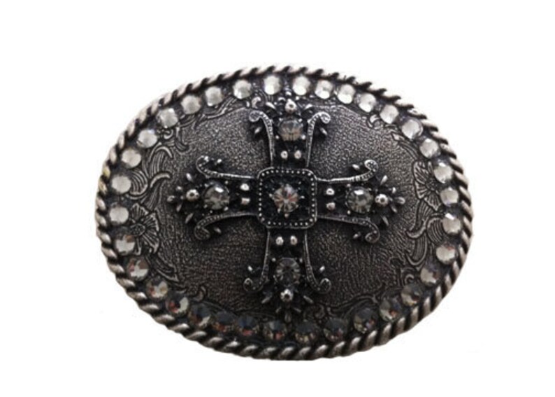 Antique Oval Cross Crystals Belt Buckle Available in Various Crystals Fits All 1.5 Wide Belts image 1