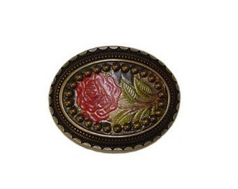 Hand-Painted Red Rose Studded Intricate Oval Belt Buckle - Fits All 1.5" Wide Belts