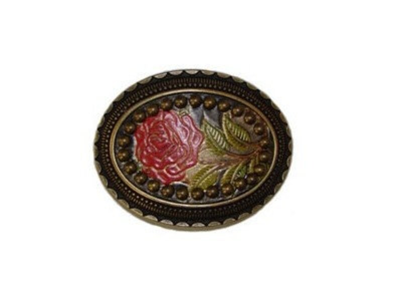 Hand-Painted Red Rose Studded Intricate Oval Belt Buckle Fits All 1.5 Wide Belts image 1