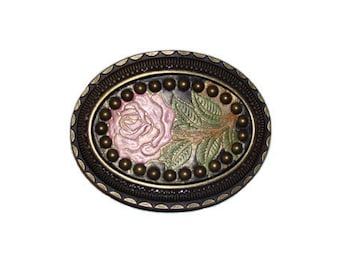Hand-Painted Pink Rose Studded Intricate Oval Belt Buckle - Fits All 1.5" Wide Belts