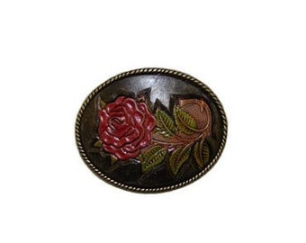 Hand-Painted Red Rose Oval Belt Buckle - Available in Silver and Gold - Fits All 1.5" Wide Belts