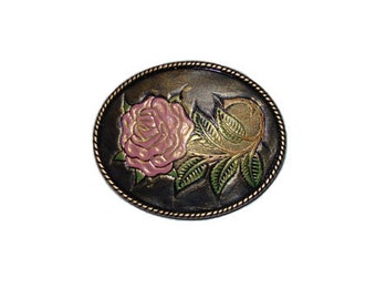Hand-Painted Pink Rose Oval Belt Buckle - Available in Silver and Gold - Fits All 1.5" Wide Belts