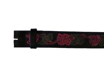 Black Hand Painted Pink Roses 1.5" Wide Leather Belt - Available up to Size 40