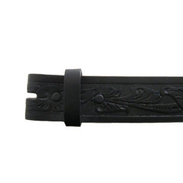 Black Floral Embossed 1.5" Wide Leather Belt - Available up to Size 40