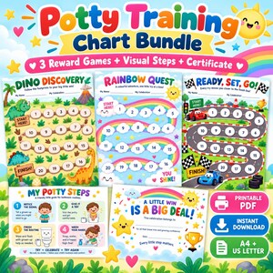 May include: A potty training chart bundle featuring three reward games, visual steps, and a certificate. The designs include a dinosaur discovery map, a rainbow quest, a race track, and a printable certificate with colorful graphics.