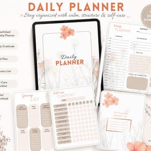 Op de afbeelding: Digitale dagplanner met een bloemenontwerp, inclusief een weekplanner, dagelijkse dankbaarheid, maaltijdplan, boodschappenlijst en zelfzorgchecklist. De planner is ontworpen om te helpen met productiviteit, welzijn en dagelijkse balans.