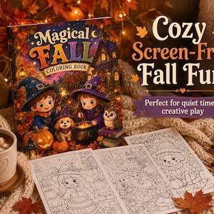 Op de afbeelding: Een Magical Fall kleurboek met een omslagillustratie van twee kinderen met heksenhoeden, een puppy en een uil met een ketel. Het boek wordt getoond naast drie zwart-wit kleurplaten, kleurpotloden en een mok met warme chocolademelk.